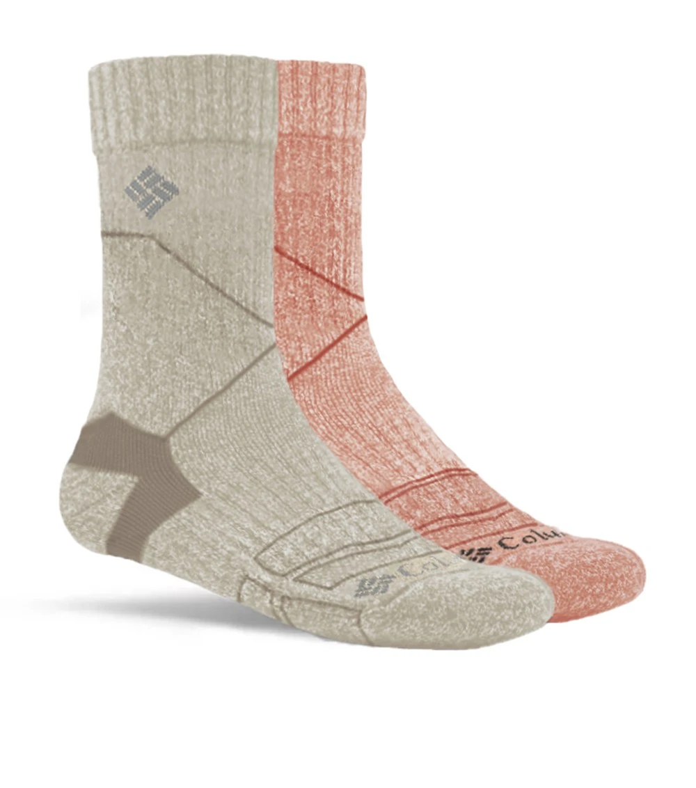 Columbia Merino Hike Crew Socks - 2 Pack - Womens Coral / Khaki 3 Columbia Merino Hike Crew Socks - 2 Pack - Womens Coral / Khaki